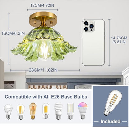 Semi Flush Mount Ceiling Light, Vintage Ceiling Light E26 Base, Green Shade Glass Hallway Light Fixture for Kitchen Porch Bedroom,Bulb Included