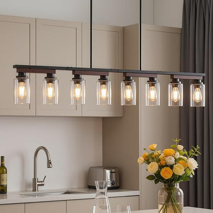 8-Light Kitchen Island Lighting & Farmhouse Dining Room Light Fixtures Over Table, 60in Rustic Linear Chandelier Adjustable Ceiling Hanging Pendant - Rotating Design, Customizable Shapes, Clear Glass
