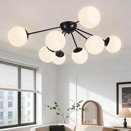 Bagood 8 Light Mid Century Modern Semi Flush Mount Ceiling Light Fixture Globe Ceiling Light Sputnik Chandelier with Milk Glass Shade Matte Black Finish for Bedroom Hallway Dining Room Living Room