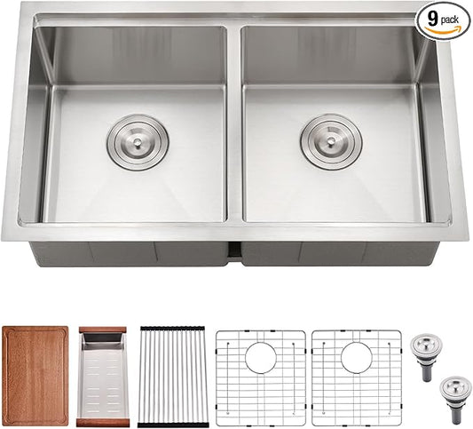 32 Inch Double Bowl Kitchen Sink Undermount - 32x19 Undermount Workstation Sink 16 Gauge Stainless Steel 10 Inch Deep Double Bowl Kitchen Sinks