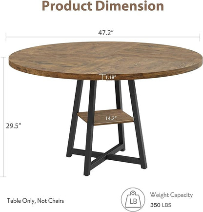 Garvee 47.2 in Round Dining Table for 4-6 People, Industrial Round Kitchen Table with Sturdy Metal Pedestal Base & Storage Shelf, Circle 4 Dinner Table for Dinner, Kitchen, Dining Room