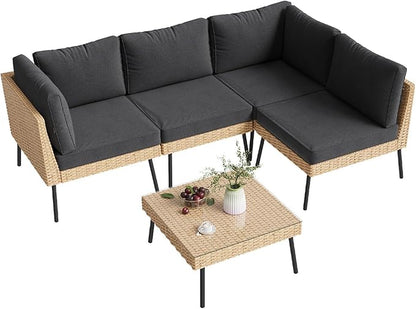 Aoxun 5-Piece Patio Furniture Set, Wicker Outdoor Furniture with Water Resistant Thick Cushions, Patio Conversation Set Outdoor Sectional Sofa with Coffee Table for Backyard Poolside, Black