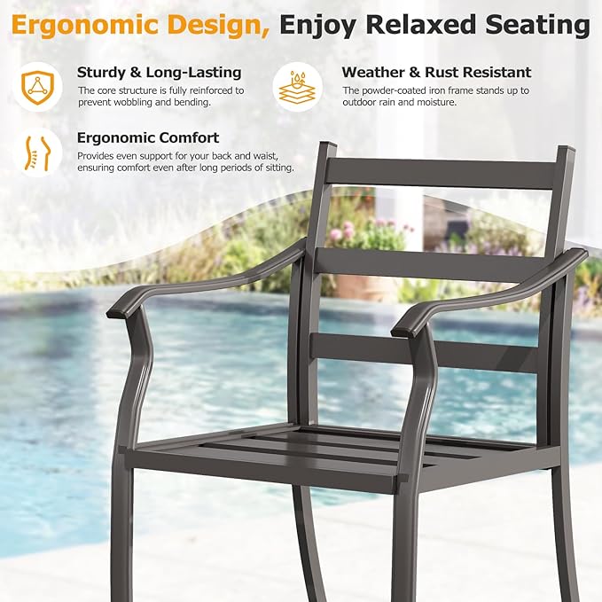 EROMMY 5-Piece Round Outdoor Patio Dining Set, 4 Metal Slat Chairs & Round Table with Umbrella Hole, All-Weather Outdoor Furniture for Backyard, Garden and Poolside