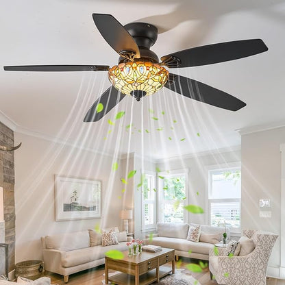 Ceiling Fans with Lights - 52" Ceiling Fan Chandelier with 5 Dual-Blades and Glass Shade, 6 Speeds and Reversible, Indoor and Outdoor, Retro Style