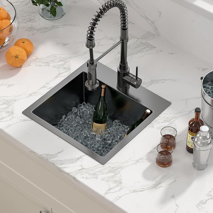 Sarlai 15 Black Drop Bar Sink - 15 x 15 Inch Bar Sink Drop In Topmount Square Gunmetal Black Stainless Steel 16 Gauge Single Bowl Drop Bar Prep RV Kitchen Sink