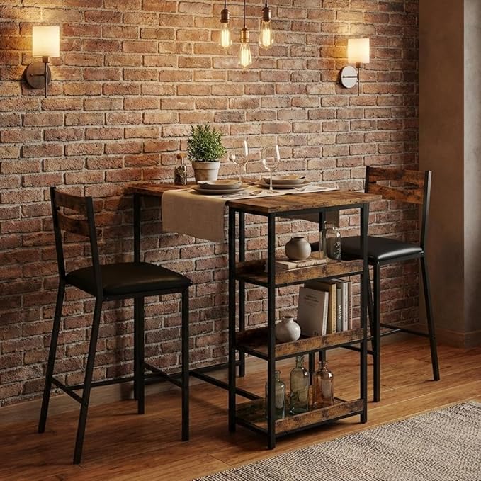 IDEALHOUSE 36" Counter Height Dining Table Set for 2 with Upholstered Bar Chairs and Storage Shelves, Space-Saving Kitchen Table for Small Space, Apartment, Studio, Rustic Brown