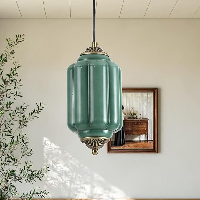 Vintage Milk Glass Pendant Light Antique Green Ceiling Light Fixture for Kitchen Island, Bedroom, Bedside, Dining Room, Hallway, Bulb Included