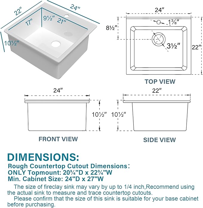 24x22 Drop In Kitchen Sink White 1 Hole, 24 Inch Small Fireclay Bar Sink Drop In Single Bowl, Topmount Heavy Duty Deep Basin, with 2 Accessories, Pure White, for Kitchen, Laundry, Outdoor