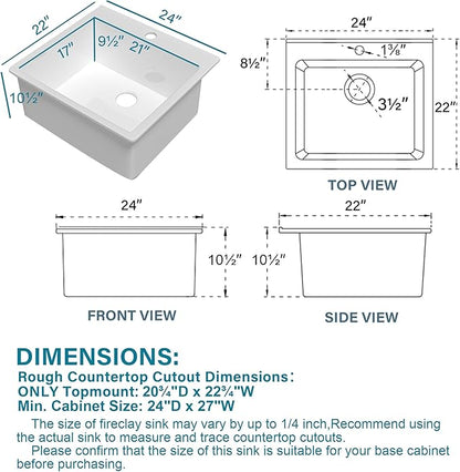 24x22 Drop In Kitchen Sink White 1 Hole, 24 Inch Small Fireclay Bar Sink Drop In Single Bowl, Topmount Heavy Duty Deep Basin, with 2 Accessories, Pure White, for Kitchen, Laundry, Outdoor