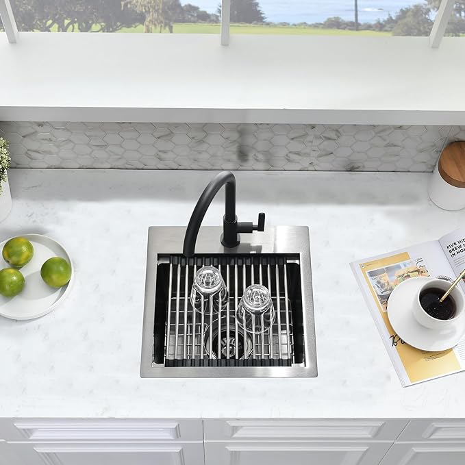 15x15 Black Bar Sink Drop In - 16 Gauge Black Stainless Steel Small Kitchen Sink, 9" Deep Single Bowl Workstation Sinks with Accessories for RV, Outdoor Kitchen & Wet Bar