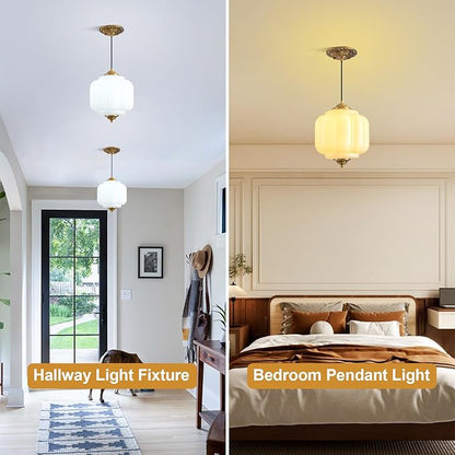 Milk Glass Pendant Light, 9in Medium Schoolhouse Light Fixture, LED Bulb Included, Vintage Art Deco Chandelier for Kitchen Island Dining Room Bedroom Hallway, White & Antique Gold 1 Pack