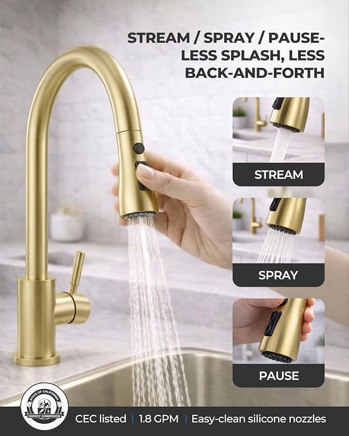 WEWE Kitchen Faucets with Pull Down Sprayer, Stainless Steel Single Handle 1 Hole for Family Kitchen Commercial Camper Laundry Rv Bar, Gold