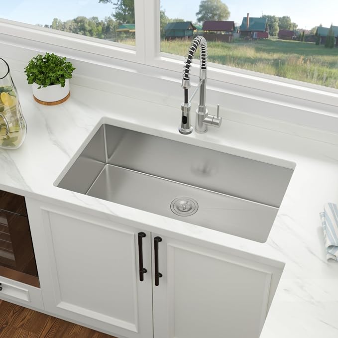 33 Inch Undermount Kitchen Sink 33 x 19 Undermount Kitchen Sinks Stainless Steel 16 Gauge Single Bowl Under Mount Deep Basin Handmade with Offset Drainer