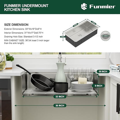 33 Inch Undermount Kitchen Sink 33 x 19 Kitchen Sinks Stainless Steel Undermount Sink Workstation 16 Gauge Single Bowl Under Mount Handmade Deep Basin