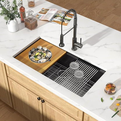 36 Inch Undermount Kitchen Sink, 16 Gauge Black Stainless Steel Single Bowl Sink, Workstation Kitchen Sinks with Cutting Board, Bottom Grid, Drying Rack, Mixing Bowl & Strainer #TLU-0042