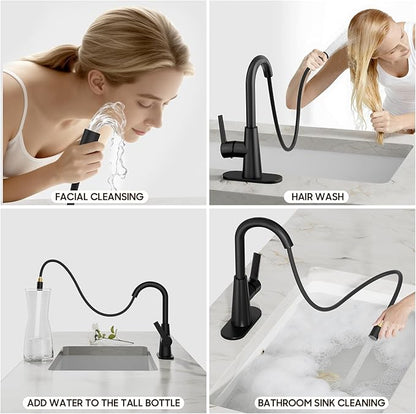 Phiestina High Arc Bathroom Sink Faucet with Pull Down Sprayer, Tall Matte Black Single Handle Pull Out Faucet with Pop-Up Drain, 1 or 3 Hole Laundry Bar Basin Faucet with Deck Plate WE10CL-ZY-MB