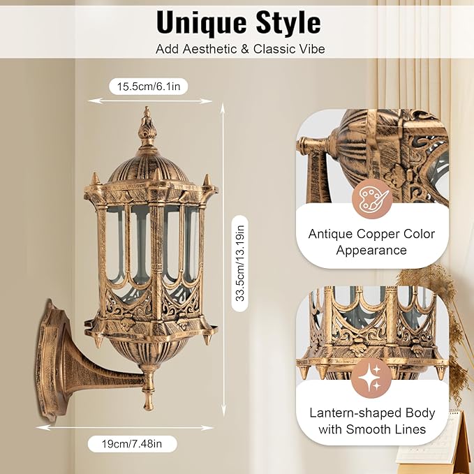 FIKNEE E27 Vintage Retro Wall Lamp Exterior Wall Mount Light Fixture, Antique Brass Lanterns Glass Sconce for Indoor Outdoor Garden Porch Walkway Sconce(6.1 * 13.19”)