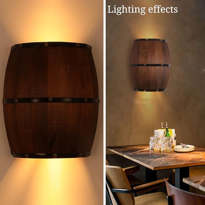 1PCS 11.81" Height Antique Wood Wine Barrel Wall Sconce Lighting Fixture Indoor Wall Lamps Rustic Farmhouse Style Wall Lighting Fixture for Bar, Bedroom, Corridors, Cafes