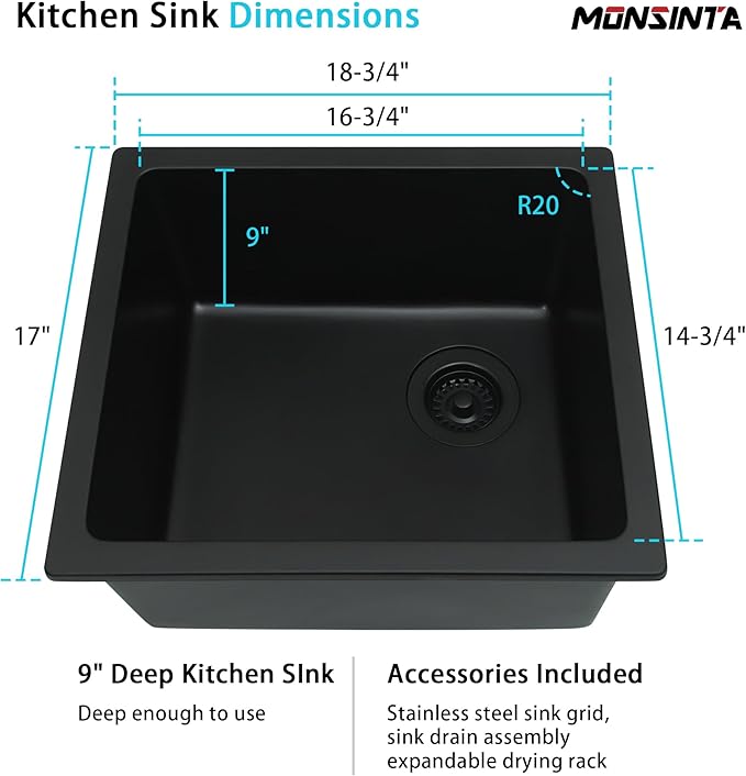 Black Bar Sink,Black Granite Composite Kitchen Sink With Accessories,19 Inch Undermount Quartz Stone Kitchen Sinks,19" x 17" x 9 Black Kitchen Sink with Offset Drain