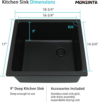 Black Bar Sink,Black Granite Composite Kitchen Sink With Accessories,19 Inch Undermount Quartz Stone Kitchen Sinks,19" x 17" x 9 Black Kitchen Sink with Offset Drain