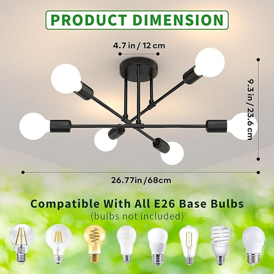 Black Sputnik Chandelier 6 Light, 22" Mid Century Modern Ceiling Light Fixture, Industrial Semi Flush Mount for Dining Room Bedroom Kitchen, E26 Base