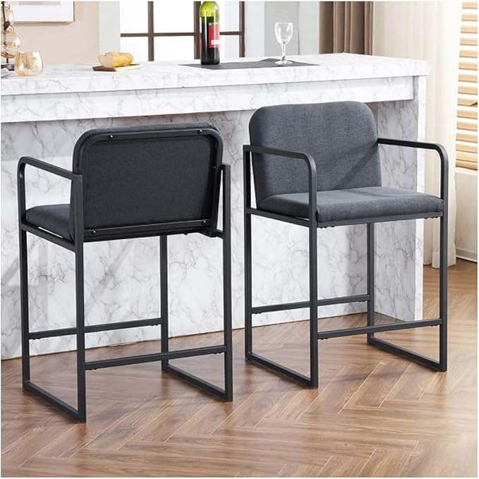 Bar Stools Counter Height Set of 2, Upholstered with Armrests - Dark Gray Kitchen Island Chairs, Metal Frame Dining Stools for Home Bar, Restaurant, Pub