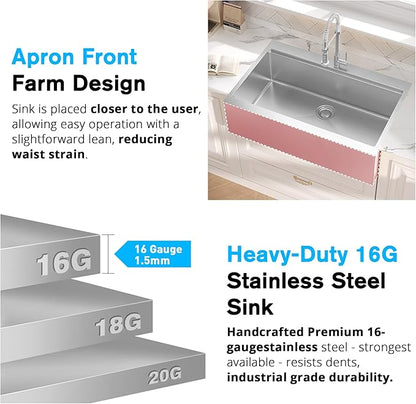 26 Inch Farmhouse Sink, 16 Gauge 304 Stainless Steel Farm Sinks, Drop In Topmount Single Bowl Workstation Sink with all Accessories, 26" x 22" x 10" Deep Kitchen Sink