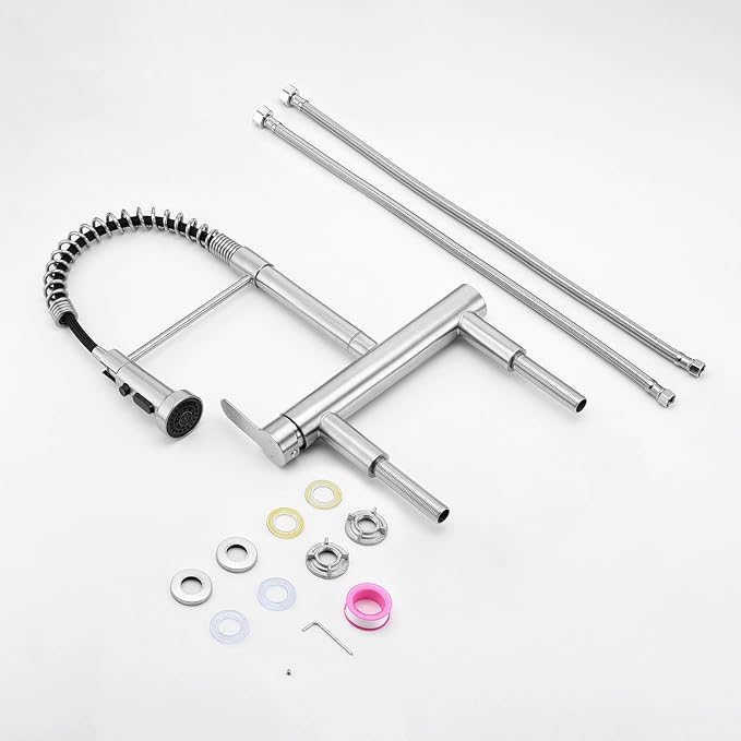 8“ Center Bridge Faucet, Deck Mount Pre Rinse Faucet, with Pull Down Sprayer, High Arc Single Handle Spring Commercial Sink Faucet, Brushed Nickel