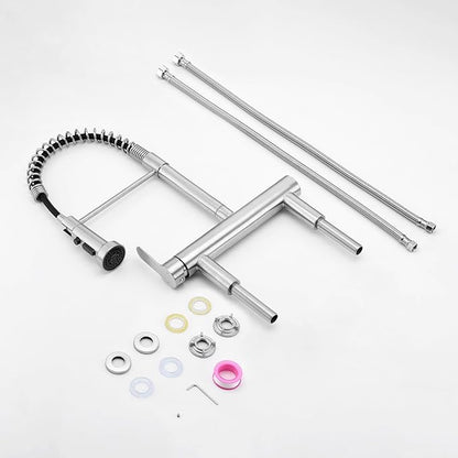 8“ Center Bridge Faucet, Deck Mount Pre Rinse Faucet, with Pull Down Sprayer, High Arc Single Handle Spring Commercial Sink Faucet, Brushed Nickel