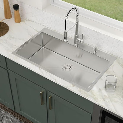 36x22 Drop in Kitchen Sink 36 Inch Stainless Steel Sinks 16 Guage 304 Single Bowl 9'' Deep Sinks with Drain Assembly LMT36229