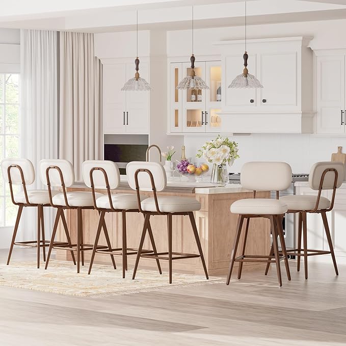 MALOL 26“ PU Leather Swivel Bar Stools Set of 3, Mid Century Counter Height Bar Chairs with Low Back and Metal Legs, Modern Bar Stool Chair for Kitchen Island, Beige