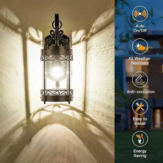 NLIEOPDA Dusk to Dawn Sensor Outdoor Wall Sconce,14.96" H Vintage Exterior Light Fixture with IP65 Waterproof,Classical European Style Porch Light with Bubble Glass for Garage Yards Patio