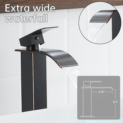 Fransiton Tall Vessel Sink Faucet Oil Rubbed Bronze Faucet for Bathroom Sink Tall Waterfall Bathroom Faucet Single Handle 1 or 3 Hole Wash with Pop-up Drain