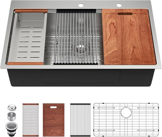 Lordear 36 Drop In Kitchen Sinks Worktation 16 Gauge 36x22 Inch Stainless Steel Single Bowl Ledge Worktation Topmount Overcounter Handmade Kitchen Sink Basin With Cutting Board