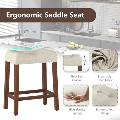 Giantex 24" Bar Stools Set of 4, Upholstered Counter Height Saddle Bar Stools with Footrest and Wood Legs, Farmhouse Button Tufted Backless Barstools for Kitchen Island, Dining Room, Cafe, Beige+Brown