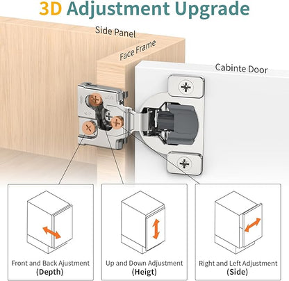 30 Pack 1/2" Overlay 3D Soft Close Hinges for Face Frame Kitchen Cabinet, 3 Way Adjust, Self Closing Concealed Cabinet Hinges-105 Degree