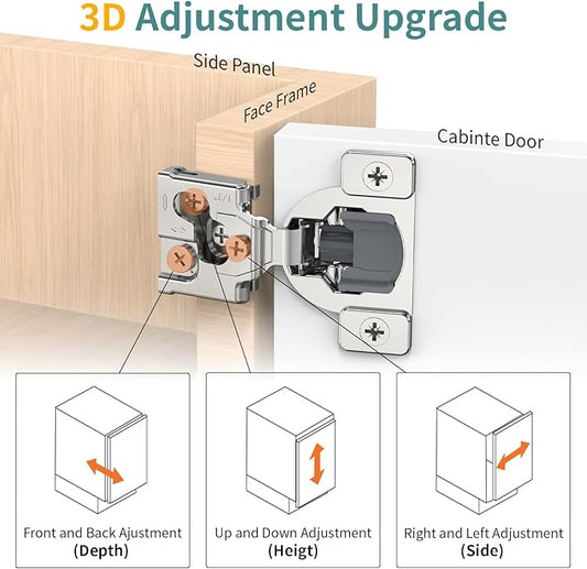50 Pack 1/2" Overlay 3D Soft Close Hinges for Face Frame Kitchen Cabinet, 3 Way Adjust, Self Closing Concealed Cabinet Hinges-105 Degree