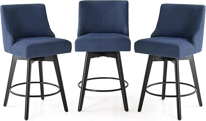 Vipbear Counter Height Bar Stools Set of 3, 26" H Swivel Bar Stools with Backs, Linen Fabric Upholstered Bar Chairs with Solid Wood Legs for Kitchen Island, Dining Room, Home Bar, Deep Blue