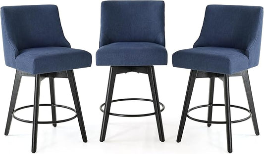 Vipbear Counter Height Bar Stools Set of 3, 26" H Swivel Bar Stools with Backs, Linen Fabric Upholstered Bar Chairs with Solid Wood Legs for Kitchen Island, Dining Room, Home Bar, Deep Blue
