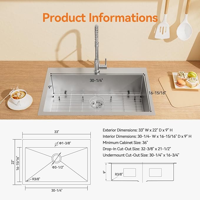 33 x 22 Drop-In/Undermount Kitchen Sink, TECASA Single Bowl Kitchen Sink, 18-Gauge T-304 Stainless Steel Basin with Accessories