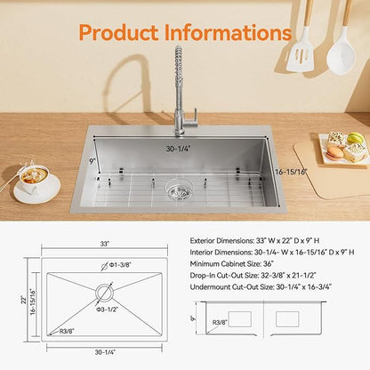 33 x 22 Drop-In/Undermount Kitchen Sink, TECASA Single Bowl Kitchen Sink, 18-Gauge T-304 Stainless Steel Basin with Accessories