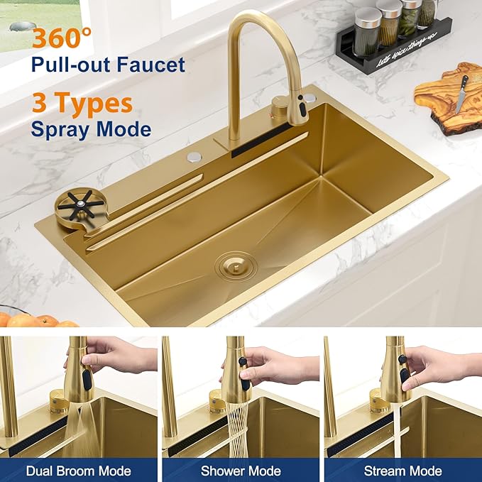 Sarlai 33 Inch Waterfall Kitchen Sink - 33x19 Gold Waterfall Drop In Sink Workstation Stainless Steel 16 Gauge Sink Multifunction Single Bowl Smart Top Mount Kitchen Sinks with Faucet Combo