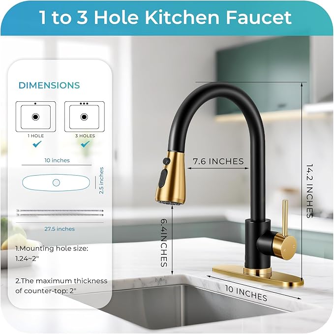 Kitchen Faucet with Pull Down Sprayer - Gold & Black Single Handle Kitchen Faucets, High Arc Stainless Steel Pull Out Kitchen Sink Faucet with Deck for RV Laundry Farmhouse Bar