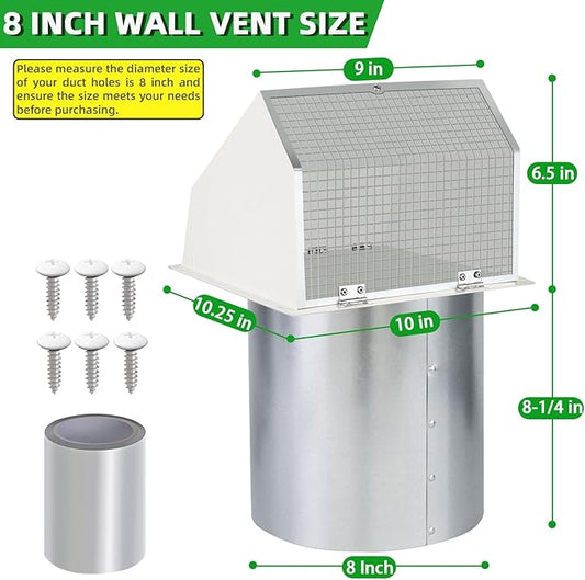 8 Inch Hooded Wall Vent with Screen and Damper,Outdoor Wall Exhaust Vent Cover Wall Cap for Exterior Kitchen Range Hood Ventilation Dryer HVAC Duct Air Exhaust, Galvanized Steel, White