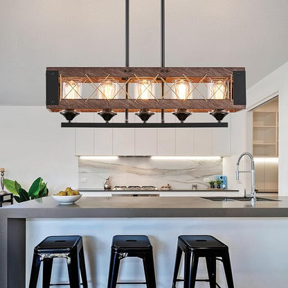 5-Light Farmhouse Chandelier for Dining Room, Rustic Wood Color Kitchen Island Lighting, Adjustable Height Chandelier for Kitchen