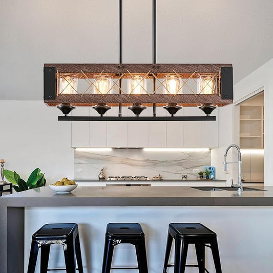 5-Light Farmhouse Chandelier for Dining Room, Rustic Wood Color Kitchen Island Lighting, Adjustable Height Chandelier for Kitchen