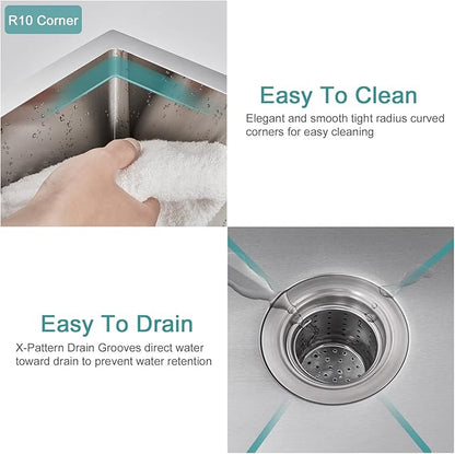 Bar Sink, KINKIB 13 x 15 x 8 inch Undermount Bar Sink or Prep Kitchen Sink, Handmade Kitchen Sink Single Bowl T-304 Stainless Steel Small Sink with Strainer