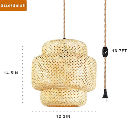 Plug in Pendant Light Rattan Hanging Lights with Plug in Cord Bamboo Hanging Lamp Dimmable,Handmade Woven Boho Wicker Basket Lamp Shade,Plug in Ceiling Light Fixture for Living Room Bedroom Kitchen