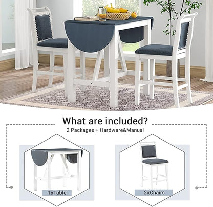 RUNNA Farmhouse 3-Piece Counter Height Dining Table Set with 2 Upholstered Chairs and Extendable Drop Leaf,Wood Kitchen Table for Small Place Use (White#A)