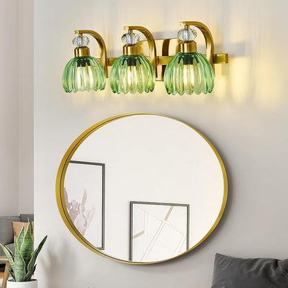 Vintage Bathroom Vanity Light Fixture 3 Lights Gold Bathroom Lighting with Green Glass Shade Mid Century Vanity Light Over Mirror for Kitchen Bedroom Living Room Farmhouse